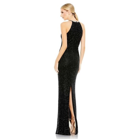 MAC DUGGAL Bugle Bead Halter Sheath Gown in Black Size US 4 - Picture 10 of 11